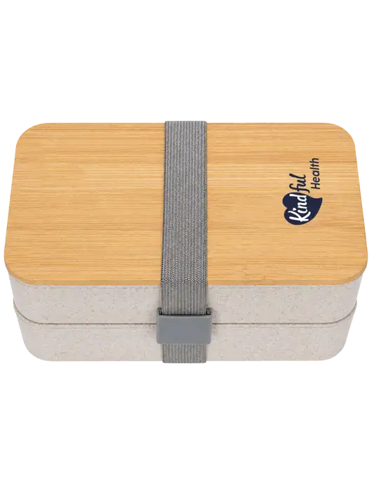 Double Decker Natural Ivory Lunch Box w/Eco-Friendly FSC Bamboo Lid & Reusable Utensils w/Kindful Health Logo