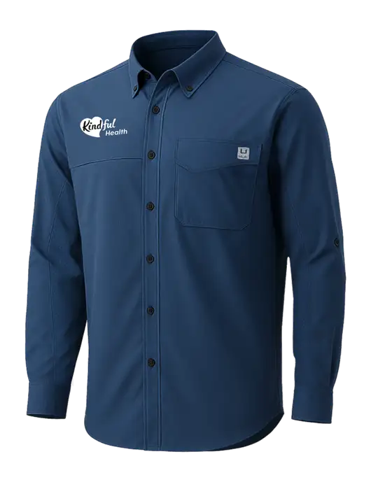 HUK Navy Tide Point Pocket Long Sleeve Fishing Shirt w/Kindful Health Logo