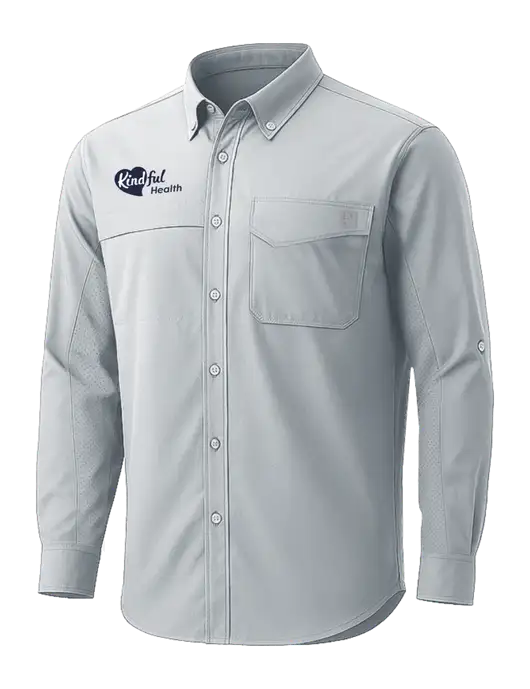 HUK Light Grey Tide Point Pocket Long Sleeve Fishing Shirt w/Kindful Health Logo