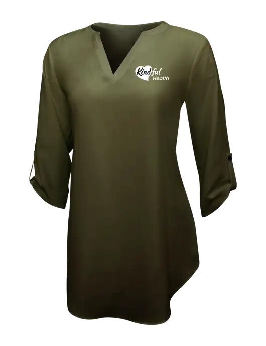 Womens Dark Olive 3/4 Sleeve Tunic Blouse w/Kindful Health Logo