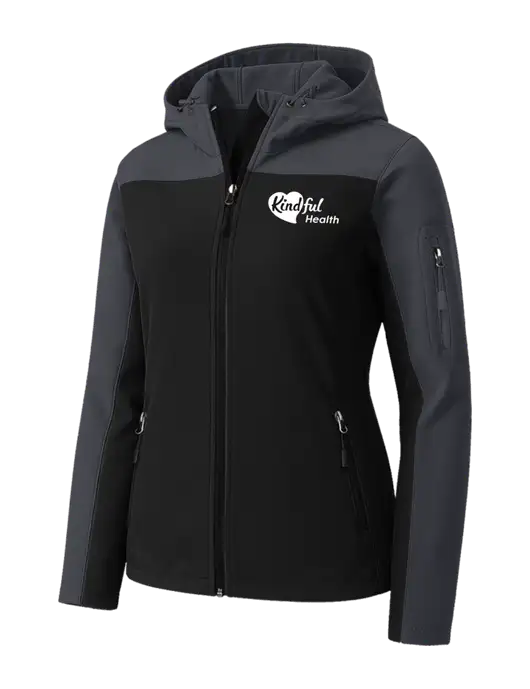 Womens Hooded Core Dark Grey/Black Soft Shell Jacket w/Kindful Health Logo