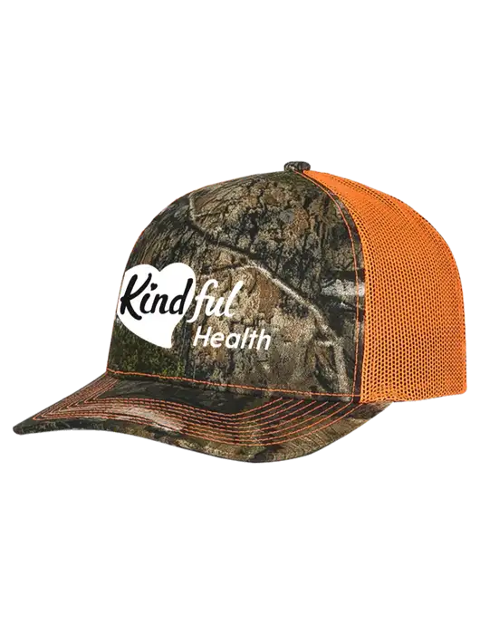 Mossy Oak Country DNA Camo/Orange Mesh Trucker Cap Snap Back w/Kindful Health Logo