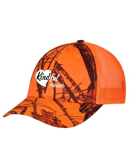 Blaze/Neon Orange Mossy Oak Camo Mesh Trucker Cap Snap Back w/Kindful Health Logo