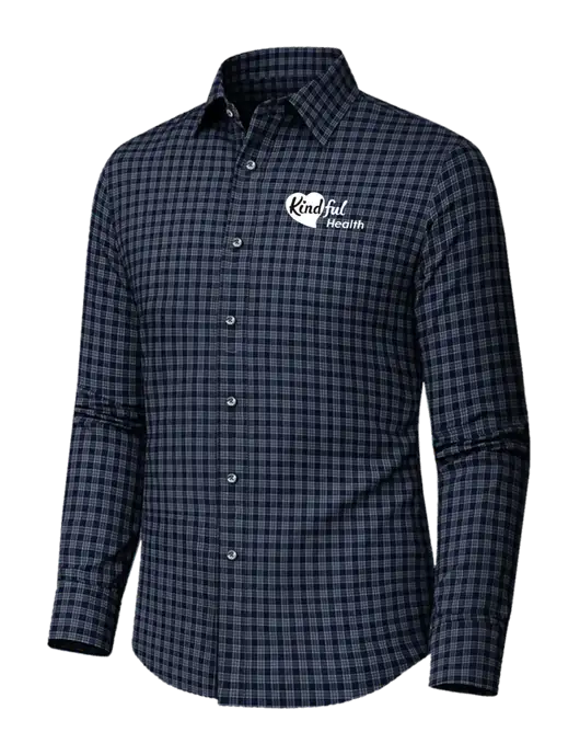 Brooks Brothers Tech Stretch Dark Navy / White Grid Check Patterned Shirt w/Kindful Health Logo