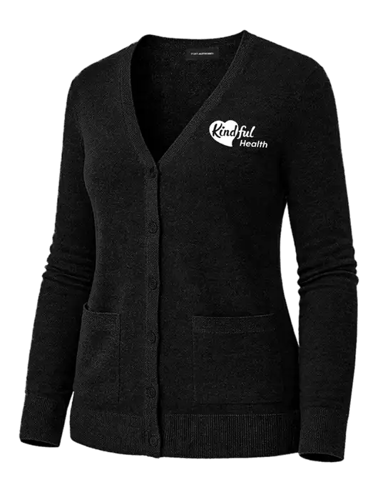 Womens Black Washable V-neck Cardigan Sweater w/Kindful Health Logo
