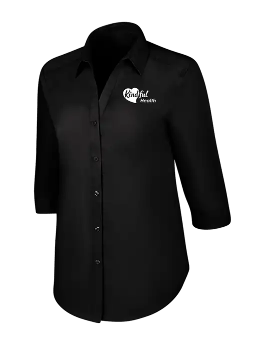 Womens Black 3/4 Sleeve Carefree Poplin Shirt w/Kindful Health Logo