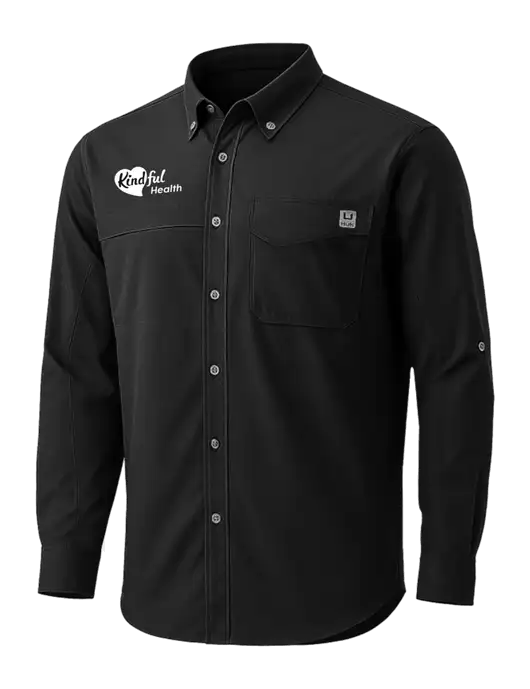 HUK Black Tide Point Pocket Long Sleeve Fishing Shirt w/Kindful Health Logo
