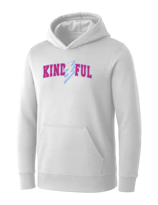 Womens White Core Fleece Pullover Hooded Sweatshirt w/Kindful Arched Lightning Logo